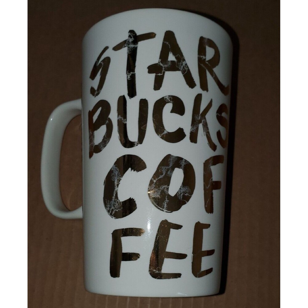 Starbucks 2015 Coffee Mug 12 oz White Gold Graffiti Letters Ceramic Cup
